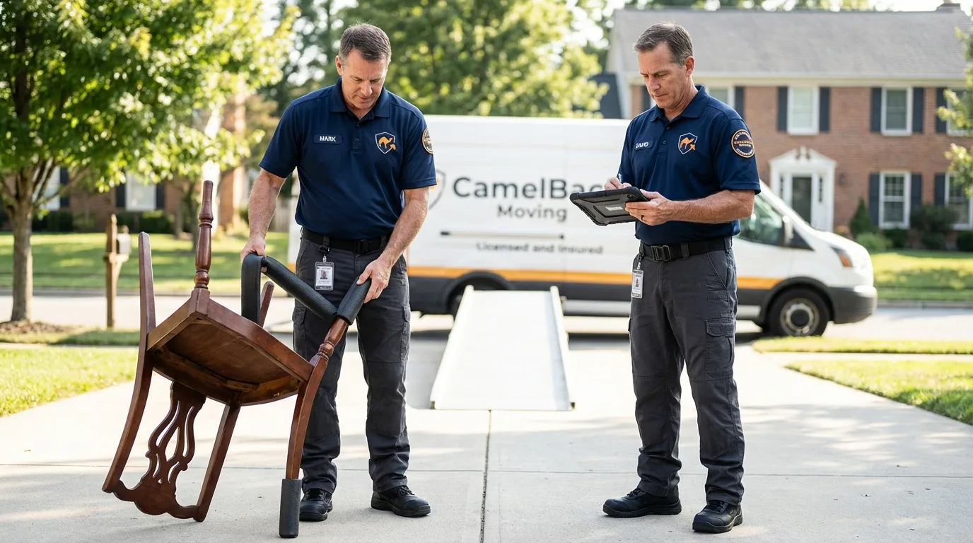 Movers inspecting furniture for damage prevention before loading in Pike Road, AL