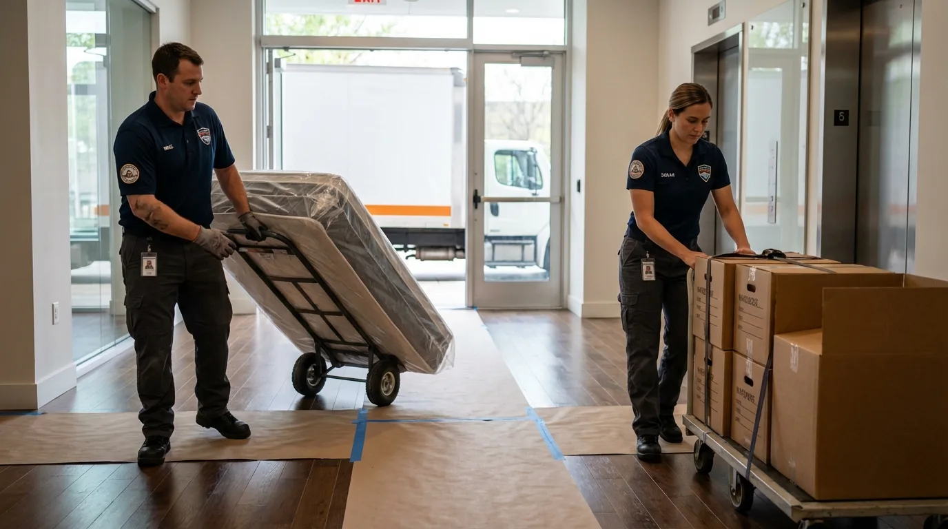 Professional apartment movers loading elevator in Pike Road, AL